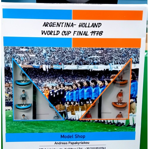 Subbuteo Andrew Table Soccer Argentina-Holland 1978 World Cup FInal with Tango official ball and WC Trophy on Aeolus II Professional bases